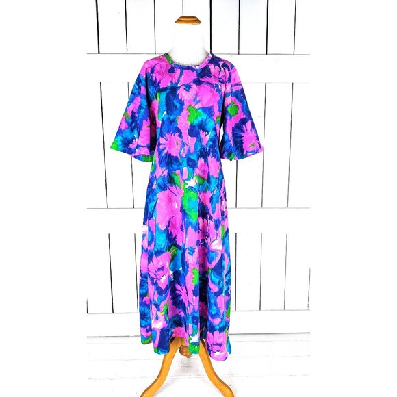 Vintage neon floral flutter sleeve Hawaiian maxi dress - Picture 1 of 5